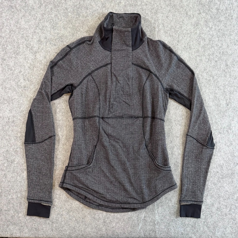 Lululemon Athletica Heathered Herringbone Black Base Runner 1/2 Zip Women's 8
